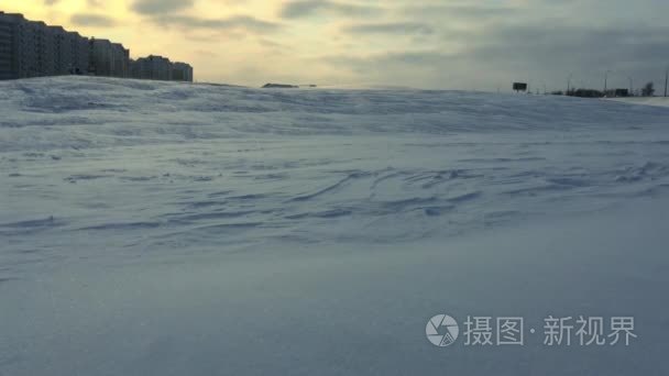 与雪花飘的冬季景观。风雪中冬季城市。雪风暴城