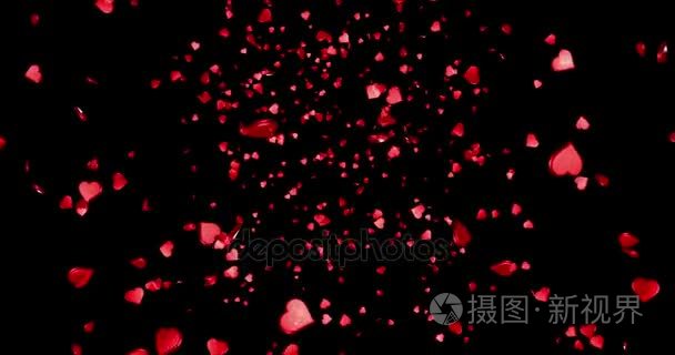 red colorful hearts rose flying animation on black background