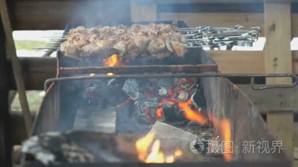 烹饪的猪肉馅上煤金属串