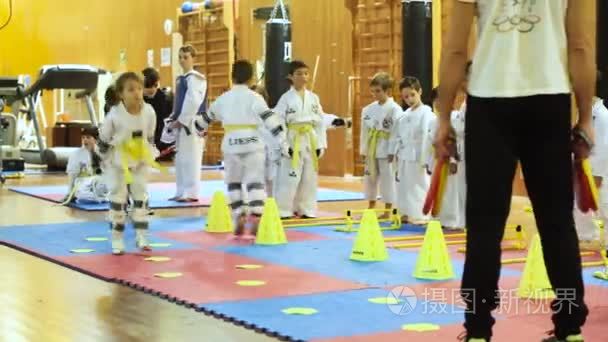佛罗伦萨，意大利，22 1 月 2017年6 和 7 年旧的孩子准备到跆拳道比赛和示范，4 k