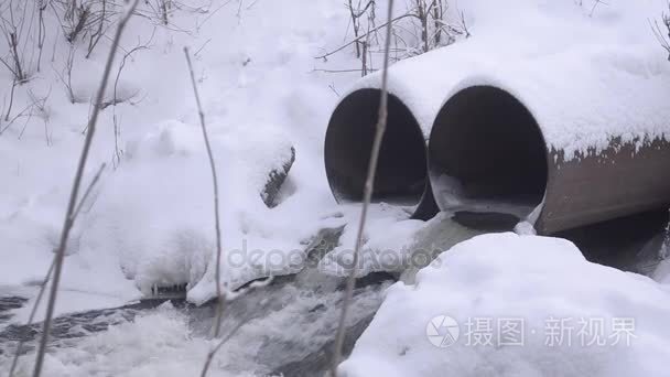 融化的雪水，白金在冬季的森林，树木覆盖着雪的水流