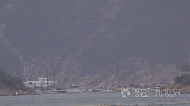 船停泊在海洋中与海鸥飞通视频