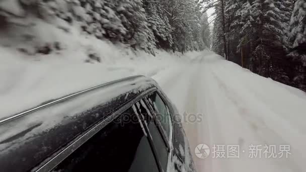 汽车行驶在冬天雪林视频