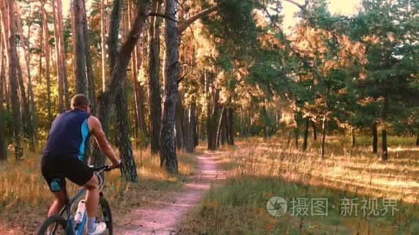 男子骑单车骑森林小径视频