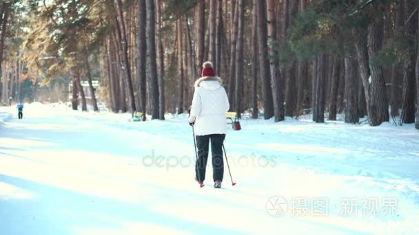 高级女人北欧走在冬季公园视频