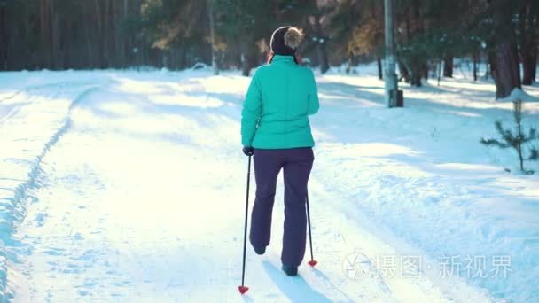 女人北欧冬季公园散步视频