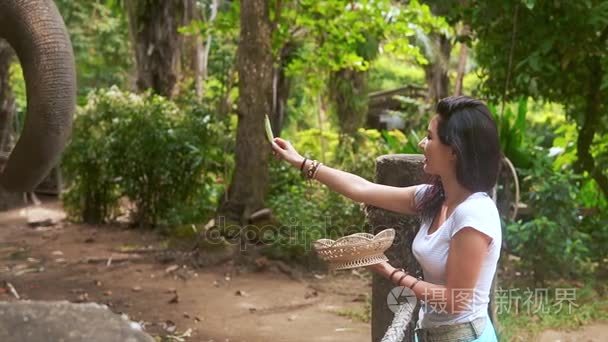 年轻女人旅行饲料农场里的大象