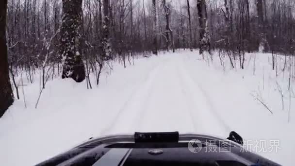 雪地摩托骑在冬季树林里视频