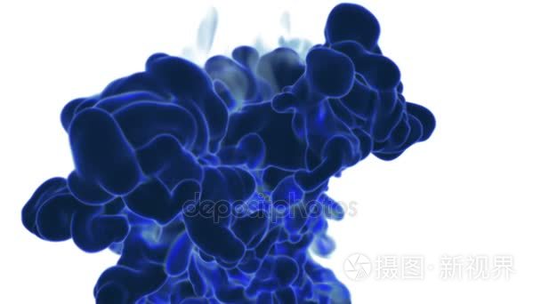 蓝色墨水滴在水中，溶解在慢动作与 alpha 蒙版。将它用于背景、 过渡或叠加。3d 运动图形元素视觉特效墨水或烟雾。15 版