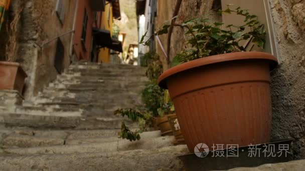 与意大利小镇的街道上的花朵装饰花盆