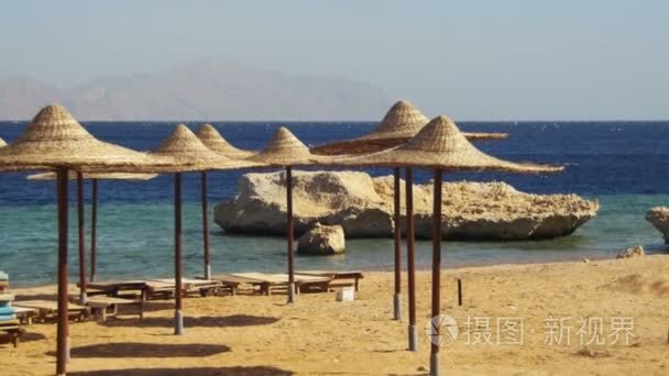 埃及，带着伞，在红海的日光浴浴床空阳光明媚的海滩