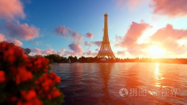 在巴黎的埃菲尔铁塔围网对美丽的日落