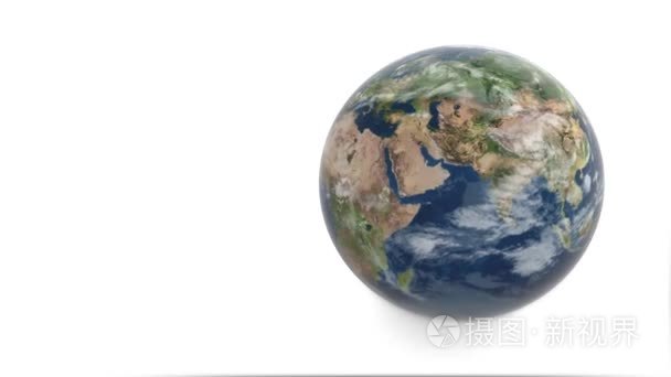 行星地球的三维模型。地球自转在白色背景上