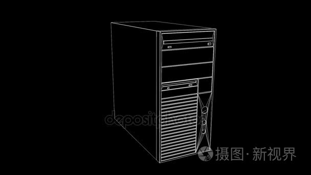 Pc 塔在全息图线框风格。漂亮的 3d 渲染