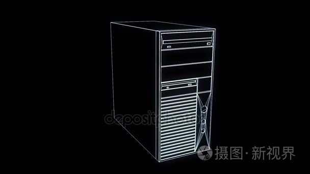 Pc 塔在全息图线框风格。漂亮的 3d 渲染