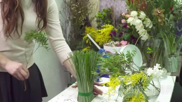 花店制作花束与含羞草视频