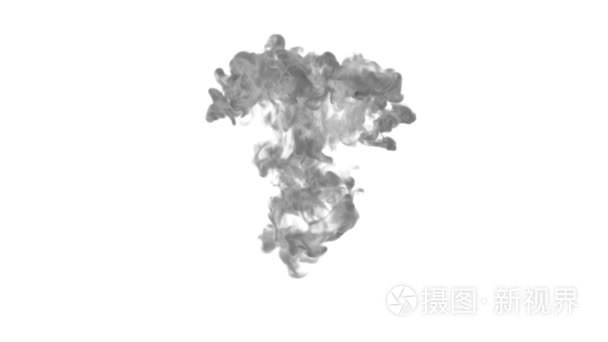 在水中的白色背景上的黑色油墨移动与 alpha 蒙版的很慢。视觉特效流动的墨水或过渡 背景 叠加和效果的黑烟排放。Ver 3