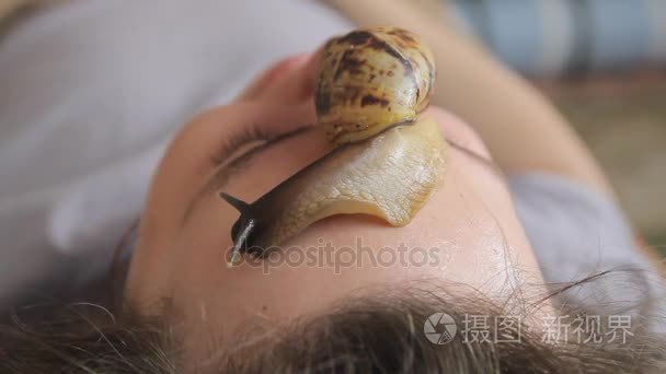一个年轻人在水疗中心接收与非洲漱口褐云的面部按摩。蜗牛吃死皮制作的。最后，它使皮肤光滑和新鲜