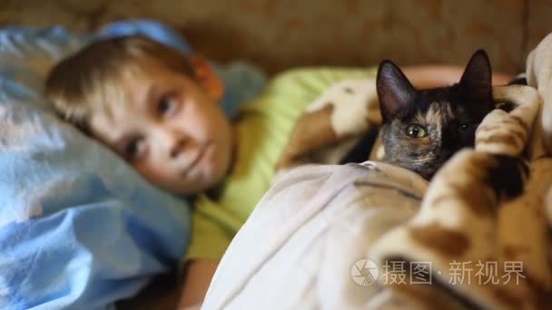 小男孩躺在床上看电视的猫视频