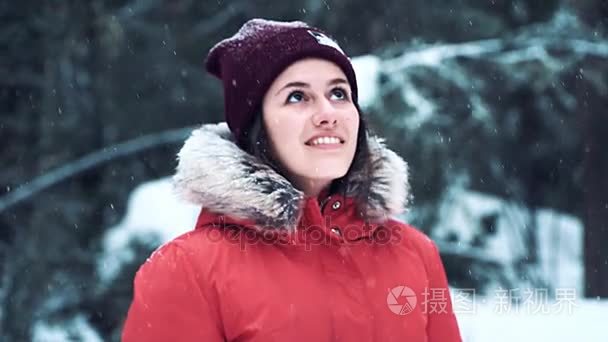 年轻美丽模特在冬季森林视频