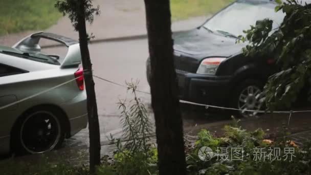 雨下在车上和地面的声音。雷声和闪电。另一辆车经过