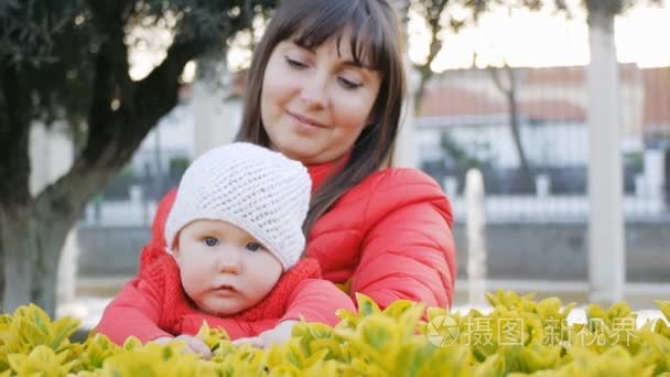 性格开朗的妈妈保持婴儿第一次接触绿色的树叶