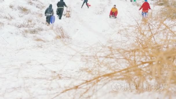 男性在下雪的冬天滑雪橇视频