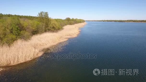 在春天干藤和森林覆盖 Dnipro 河堤上的空中拍摄