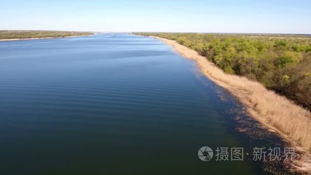 空中射击的 Dnipro 河明亮的水和其河岸与干藤