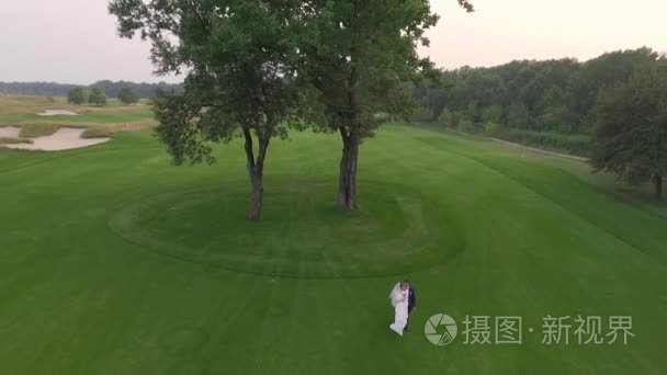 新娘和新郎在绿色的草坪上视频