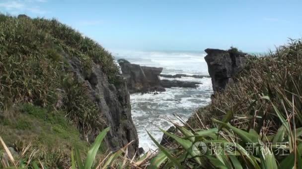 波浪对岩石的海岸和山新西兰视频