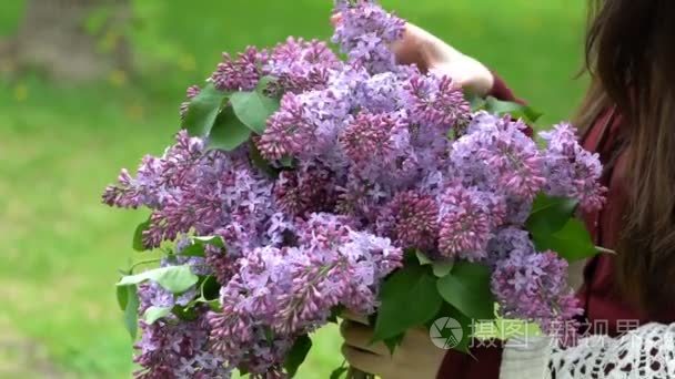 女人抱着一束丁香花，开花期