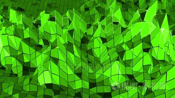 绿色低聚背景脉动。抽象的低聚表面作为时尚的低聚设计中的原子结构。多边形马赛克背景与顶点，穗状花序。冷静的现代 3d 设计