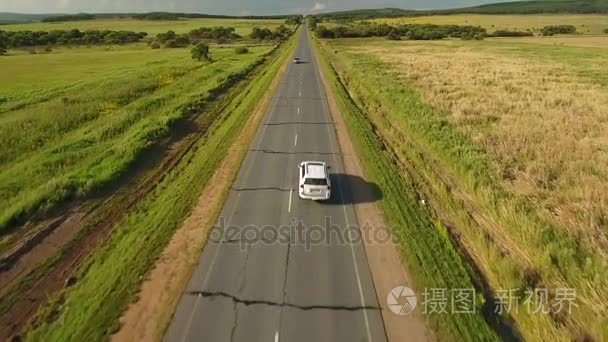 长长的直道公路黄色领域缩小城乡。农业敞开空间地平线。滨海边疆区俄罗斯符拉迪沃斯托克 （海参崴）。夏天阳光灿烂的日子视频