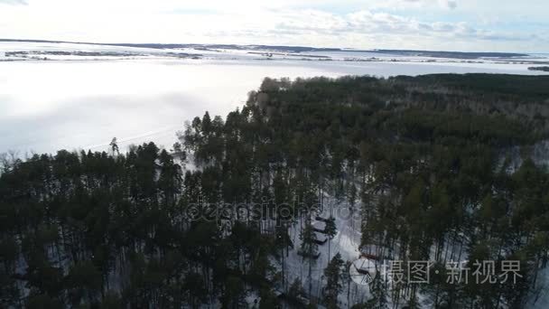 雪地摩托骑着马穿过森林里的雪路