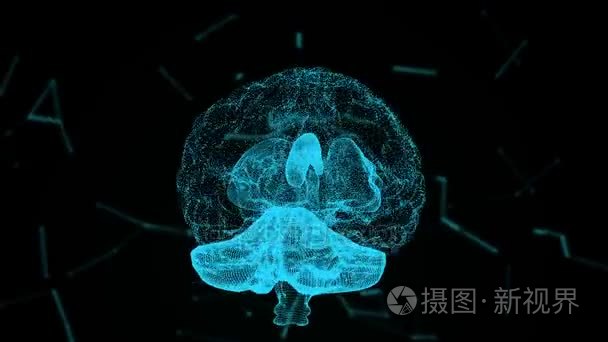 人类的大脑的医疗动画。X 射线风格图像的大脑。人类的大脑正在形成旋转粒子。抽象的未来派科技运动背景。3d 渲染