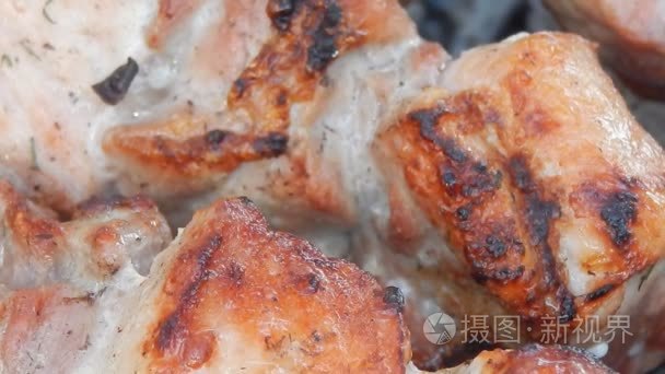 炒烤肉串上炭烟特写视频