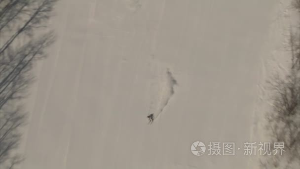 空中拍摄的两个滑雪者雕刻运行