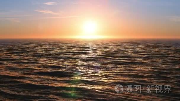 在海洋的美丽日落环状 3d 动画。太阳耀斑的闪亮亮。4 k 到 3840 × 2160
