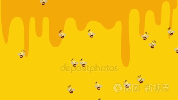 卡通飞行蜜蜂和蜂蜜滴背景视频