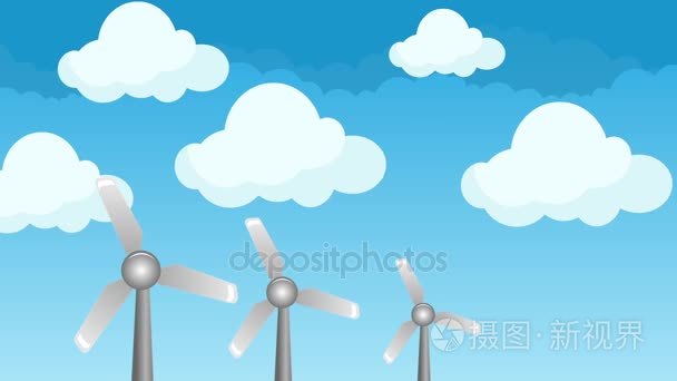 风能源电力风车插图中多云美丽的蓝色天空背景