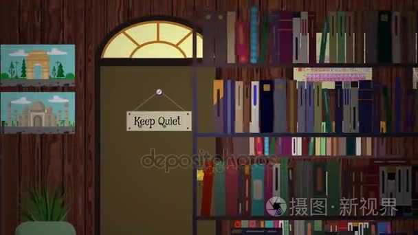 卡通图书馆氛围与书和电脑视频