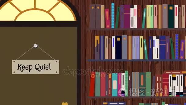 卡通图书馆书架和电脑与绿屏视频