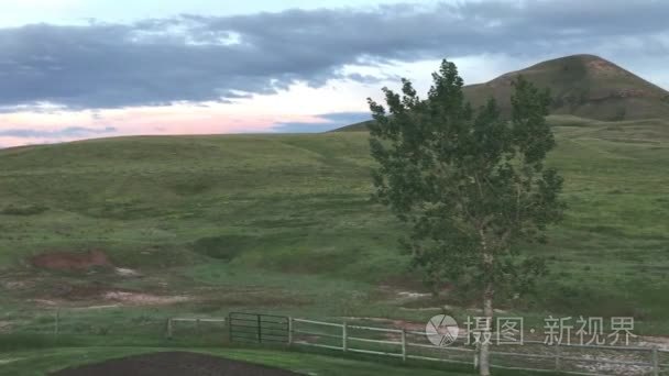 在日落时的绿色的山坡上景观视频