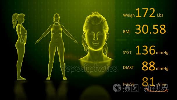 一个胖女人失去体重和 Bmi 指数计算机 x 射线屏幕设计的 3d 动画的模拟视频