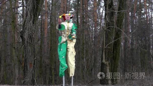 令人兴奋的小丑高跷在绿色套装变戏法球慢动作林