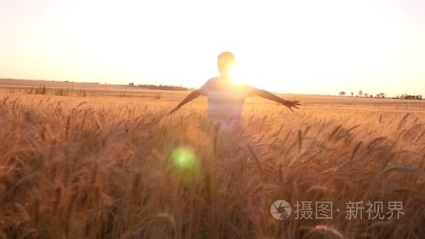 开朗的男孩转过身来用手一边对麦田慢动作夏季