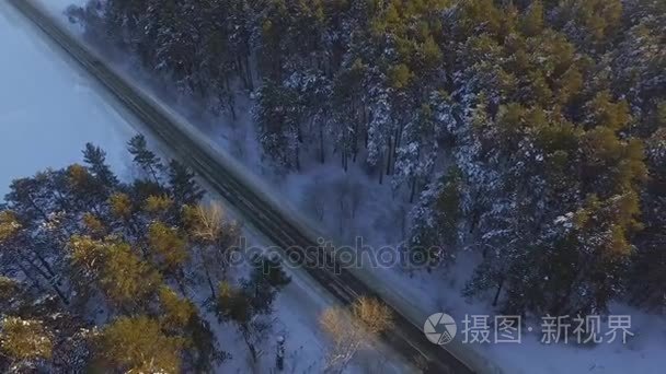 一辆汽车在乡村公路上开车穿过冬季的森林。无人机的顶视图。通过在冬天用雪覆盖了树山高处林区道路鸟瞰图