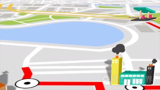 Gps 卫星城市地图和城市地标位置，3d 建筑和房地产的无缝动画。运动图形地图应用和导航技术在计算机软件的概念 4 k
