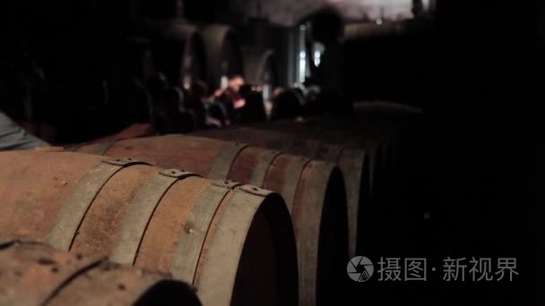木制桶酒在室内黑暗的地窖里视频